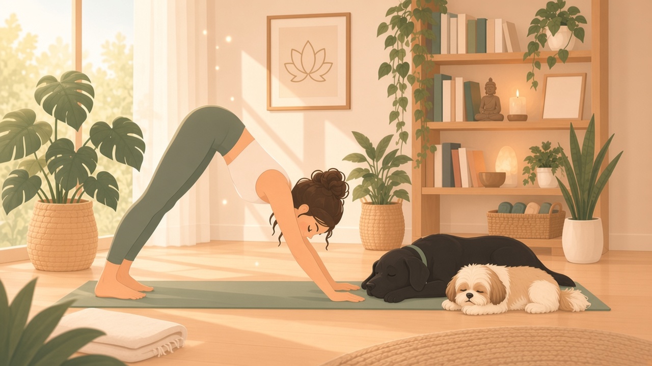 Illustrazione di una donna che pratica yoga con un Labrador e uno Shih Tzu distesi sul tappetino