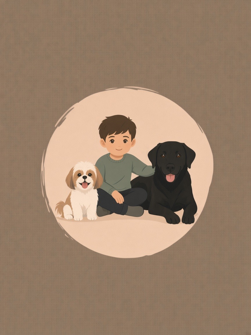 Illustrazione di un bambino insieme a Moka e Noa.