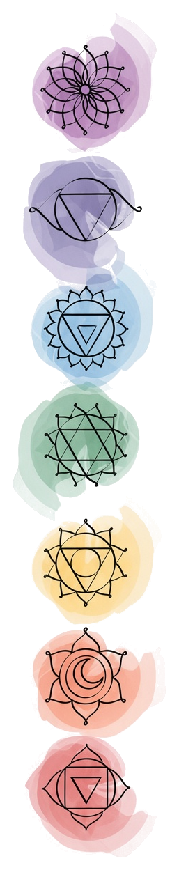 I sette chakra, dalla corona alla radice, in acquerello.